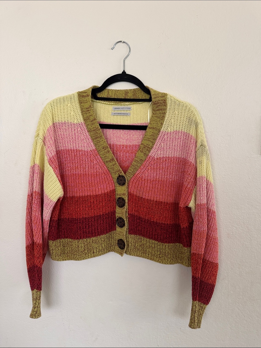 Urban OutfittersStriped V-Neck Button Cardigan Sweater - Pink/Yellow Size XS